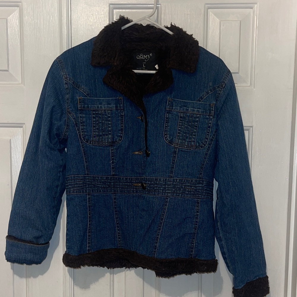 Dark Blue Denim Jacket with Black Fur Trim by QQMY